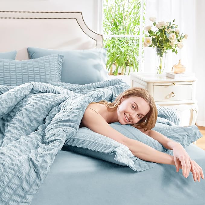 Oversized Queen Seersucker Comforter Set, Light Blue, 98 x 98 in | OEKO-TEX Certified, 7 Pieces Bed in a Bag with 240 GSM Down Alternative Comforter, Flat & Fitted Sheets, Pillowcases & Shams
