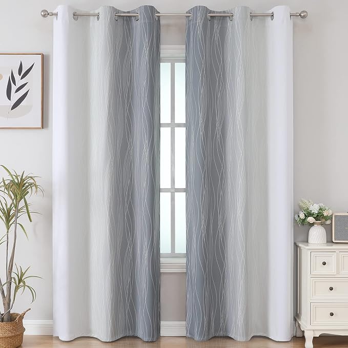 Grey and Greyish White Ombre Blackout Curtains for Living Room 84 Inch Long | Estelar Textiler Gray Light Blocking Bedroom Curtains,Room Darkening Thermal Insulated Grommet Window Drapes,42Wx84L,2 Panels
