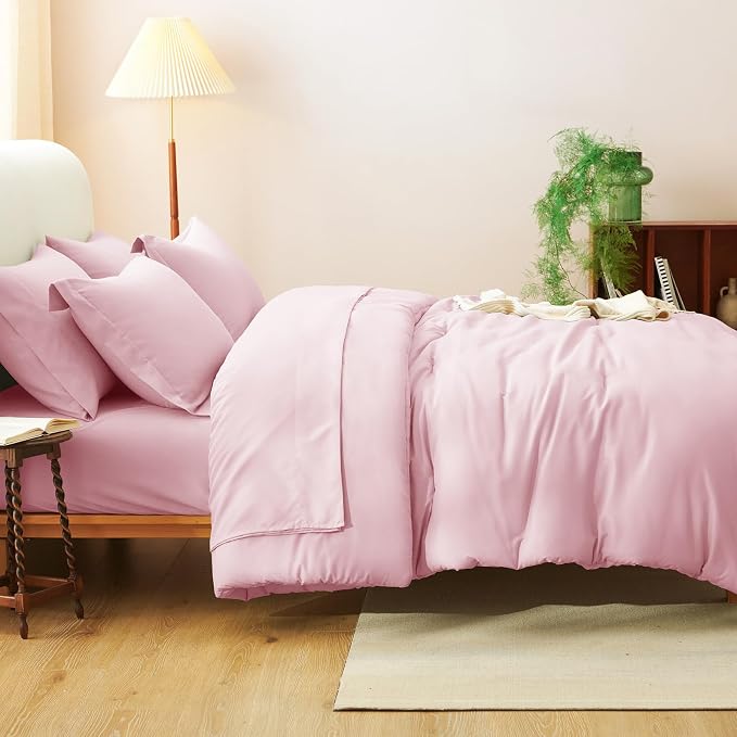 Queen Comforter Set Pink, 7 Pieces Bed in a Bag | OEKO-TEX Certified, All-Season, Bedroom, 240GSM Down Alternative Comforter, Flat & Fitted Sheets, 2 Pillowcases & 2 Shams