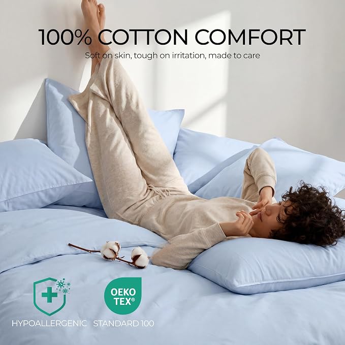 100% Cotton Duvet Cover Dust Mite Bed Bug Comforter Protector, Full | Zipper, Allergy Proof, Hypoallergenic Protection for Enhanced Freshness, Breathable Duvet Protector, Minimalist, Blue