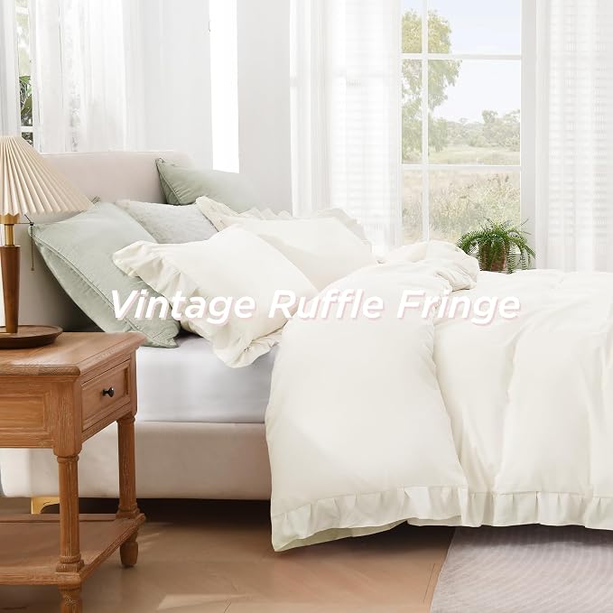 Andency Ivory Ruffle Duvet Cover King, Shabby Chic Farmhouse Bedding Set | 3 Pieces Soft Washed Polyester Vintage Ruffled Comforter Cover Set with Zipper Closure & Corner Ties, 104x90Inch