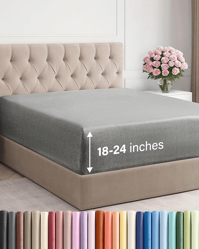 Extra Deep King Fitted Sheet - Single Fitted Sheet Only - Heathered Grey | Easily Fits 18 inch to 24 inch Mattress, Soft, Wrinkle Free, Breathable & Comfy, Extra Deep Pockets Hotel Luxury Fitted Sheet
