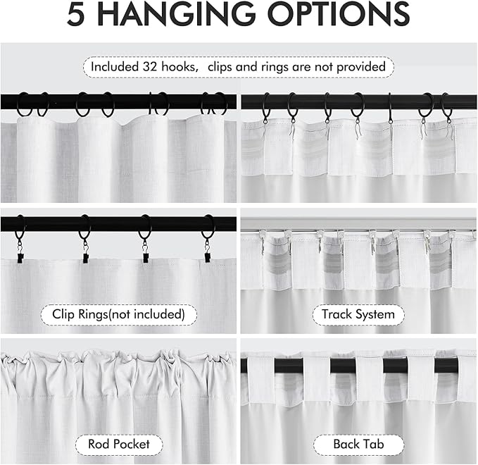 MIULEE 100% Blackout Back Tab Pleat Linen Curtains 50" Wx84 L,Bright White | 2 Panels,Thick Faux Linen,Textured Drapes,with Hooks,for Bedroom Living Room,Black Out,Room Darkening