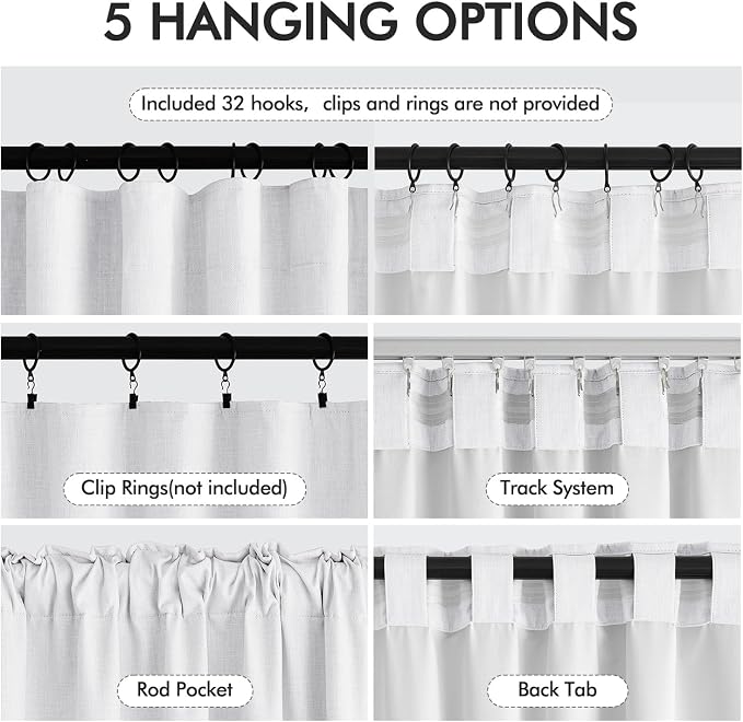 MIULEE 100% Blackout Back Tab Pleat Linen Curtains 50" Wx102 L,Bright White | 2 Panels,Thick Faux Linen,Textured Drapes,with Hooks,for Bedroom Living Room,Black Out,Room Darkening