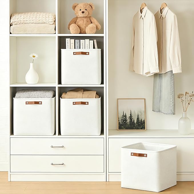 13x13 Cube Storage Bins, Collapsible Fabric Storage Box, 4 Pack Closet Baskets with Handles for Organizing, Shelf, Toys, Clothes, Home, Office, Nursery (White)