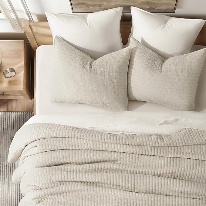 Cross Stitch Pre-Washed Cotton Quilt Bedding Set King Size, Oversized 3 Pieces Lightweight Bedspread Coverlet for All Season, with 2 Matching Shams, Birch,118"x106"