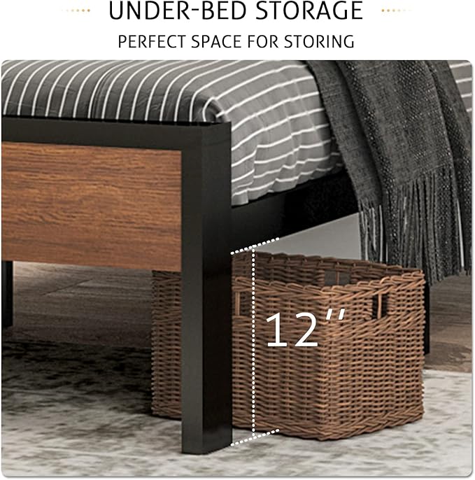 SHA CERLIN 14 Inch King Size Metal Platform Bed Frame with Wooden Headboard and Footboard, Mattress Foundation, No Box Spring Needed, Large Under Bed Storage, Walnut