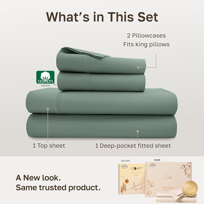 California Design Den Soft 100% Cotton Sateen King Bed Sheets, Sage Green | 400 Thread Count Backed by Good Housekeeping Seal, 16" Deep Pocket, All-Around Elastic, Durable, Easy Care, 4 Pc Set