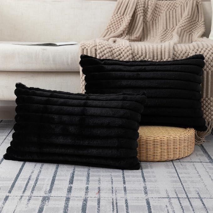 ZLINA Black Striped Faux Fur Throw Pillow Covers 12 x 20 Inch | 2‑Pack, boho striped pillow covers,velvet back,fuzzy plush cushion covers , for sofa bed livingroom home decor