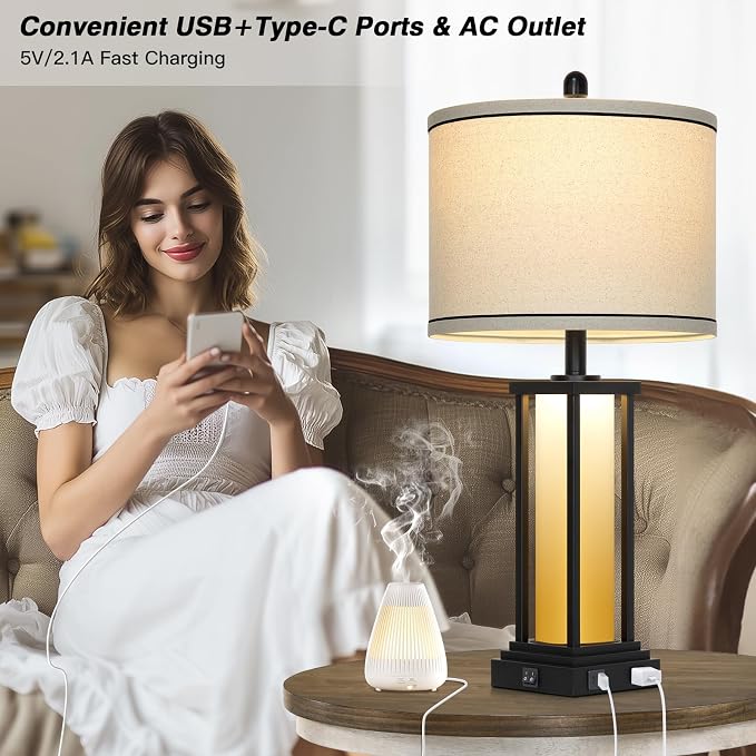 Cinkeda 27" Tall Vintage Table Lamp Set of 2 with USB C+A & Outlet,Farmhouse Nightstand Lamp for Living Room,Rustic Retro Bedside Lamps with Red-Orange Glass Night Light for Bedroom Entryway,Black-2