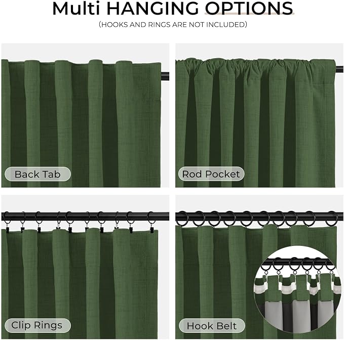 INOVADAY 100% Blackout Linen Curtains for Bedroom 50x90 Inches Moss Green | Linen Textured, Light Blocking, Room Darkening, Thermal Insulated, Back Tab Top, Window Curtains for Living Room, 2 Panels