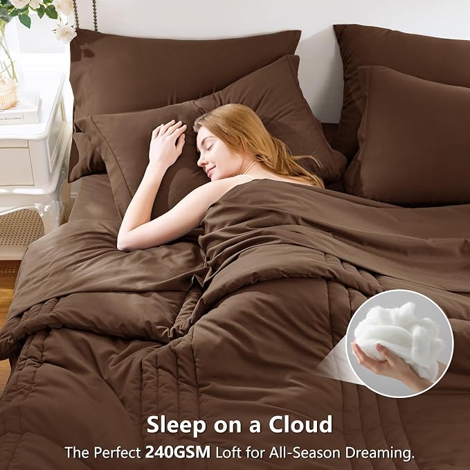 Full Size Comforter Sets Brown- 7 Pieces Bed in a Bag | OEKO-TEX Certified, 240GSM Down-Alternative Comforter, 14" Deep-Pocket Sheets, Shams & Pillowcases, Lightweight