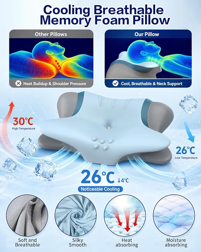 Cervical Neck Pillow for Pain Relief - Ergonomic Side Sleeper Pillow for Sleeping, Cooling Memory Foam Pillows for Neck Support, Orthopedic Pillow Contour Bed Pillow for Back Sleepers