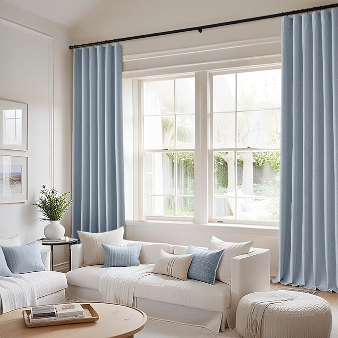 MIULEE 100% Blackout Back Tab Pleat Linen Curtains 50" Wx90 L,Chambray Blue | 2 Panels,Thick Faux Linen,Textured Drapes,with Hooks,for Bedroom Living Room,Black Out,Room Darkening