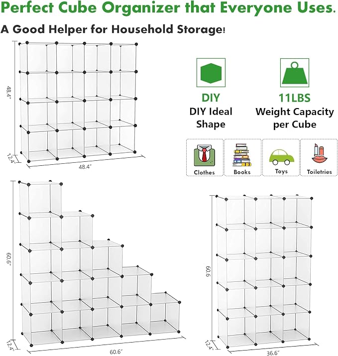 C&AHOME 16 Cube Storage Organizer Cube Shelves Units Storage Cubes, White | Plastic DIY Closet Organizer, Stackble Modular Closet Storage Shelves Ideal for Home, Bedroom, 48.4" L × 12.4" W × 48.4" H