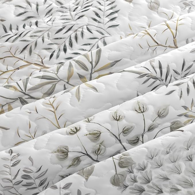 WONGS BEDDING Floral Quilt Set Queen Size, 3 Pcs White Bedspread Coverlet | Soft Lightweight Farmhouse Quilt Bedding Set for Bed, Microfiber Floral Quilted Bed Cover for Guest Room 96"×90"