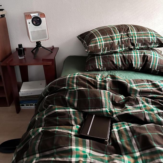 LifeTB Queen Comforter Set Brown Green Plaid Comforter Set, 3 Pieces Vintage Plaid Checkered Comforter with 2 Pillowcases, Fluffy Soft Breathable Grid Pattern Farmhouse Gingham Bedding Set Queen