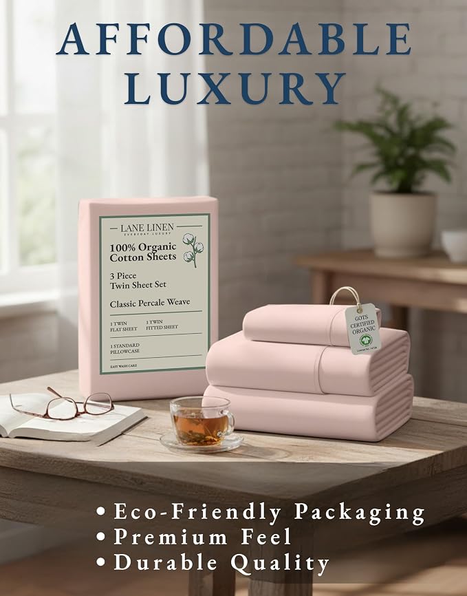 LANE LINEN Eco Friendly 100% Organic Cotton Twin Sheet Set, Hotel Quality Premium Bedding Sheets & Pillowcases Set Twin Size, Soft & Comfy Percale Sheets, Machine Wash Bed Sheets- Sepia Rose