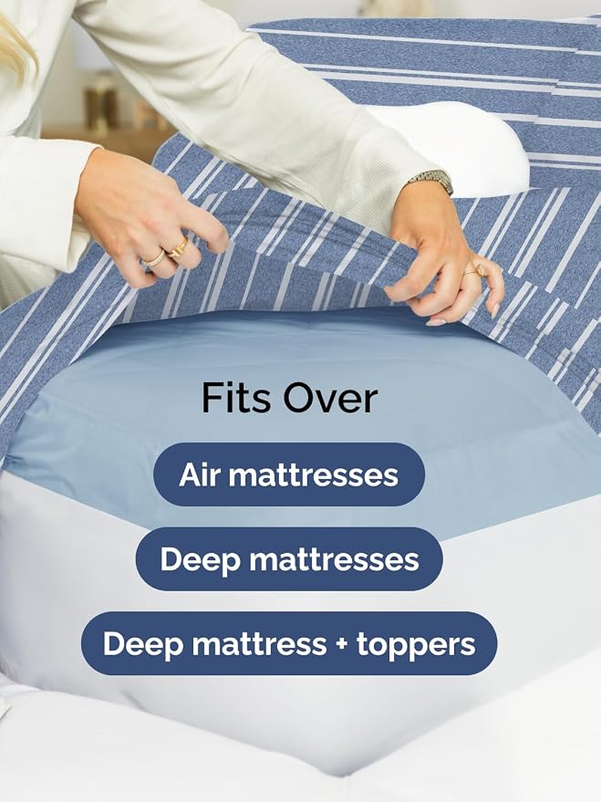 Extra Deep Queen Sheet Set - 6 Piece Breathable & Cooling - Blue Stripes | Hotel Luxury Bed Sheets Set, Easy & Secure Fit, Ultra-Soft, Wrinkle & Fade Free, Comfy Sheets Set with Extra Deep Pockets