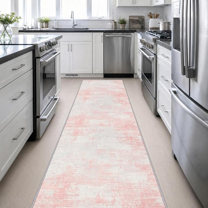 3x14 Washable Runner Rug：Modern Abstract Soft Carpet Pink White | For Hallway, Bedroom, Kitchen, Laundry, Bathroom,Door Mat,Modern Abstract,Machine washable,Non-Slip,Stain Resistant,Indoor