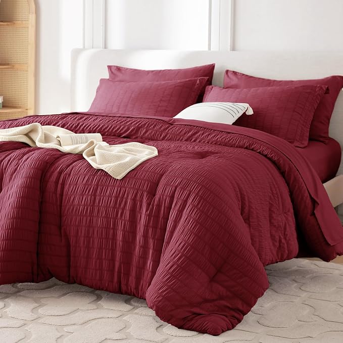 7 Pieces California King Comforter Set, Seersucker Bed in a Bag Cal King Size, All Season Luxury Bedding Set with Comforter, Flat Sheet, Fitted Sheet, Pillowcases & Shams, Burgundy