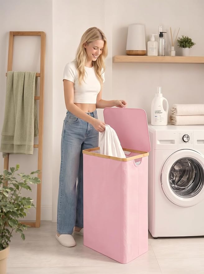 IEGrow Laundry Hamper with Lid,110L Laundry Basket with Mesh Bags,Pink | Dirty Clothes Hamper Basket with Bamboo Handle for Clothes Towels
