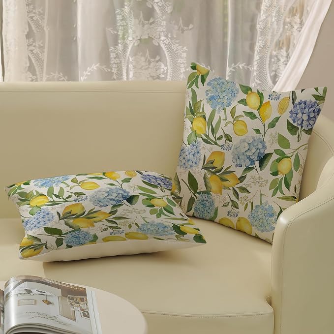 Blue Yellow Pillow Covers 18x18 Inch 2 Pcs Blue Hydrangea Floral Decor Throw Pillows Vintage Lemon Flower Seasonal Summer Outdoor Decoration Pillowcase Linen Cushion Cover for Couch Sofa