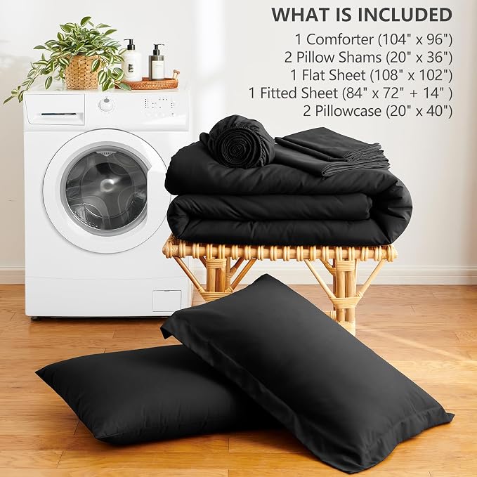 HIMEET California King Comforter Set, 7-Piece Point-Quilted, Black | OEKO-TEX Certified, Lightweight 240 GSM Comforter, Flat Sheet, 14-Inch Deep-Pocket Fitted Sheet, Pillowcases & Shams