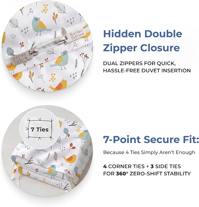 3 Pc Queen Size Duvet Cover Set- 100% Egyptian Cotton 600 Thread Count Ultra Soft Premium Durable Comforter Cover Zipper Closure & Corner Ties (Forest Birds,Queen/Full 90" X 90")
