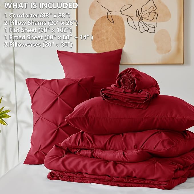 HIMEET Queen Comforter Set Deep Red - 7 Pieces Pintuck Bed in a Bag | OEKO-TEX Certified, 240GSM Down Alternative Comforter, 14" Deep Pocket Fitted Sheet + Flat Sheet + 2 Pillowcases + 2 Shams