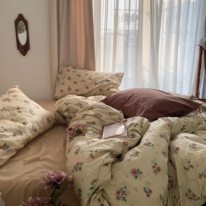 mixinni Vintage Floral Duvet Cover King Size - 3 Piece 100% Cotton Cottagecore Red Flowers & Green Leaves Bedding, Soft Botanical Comforter Cover & Pillowcases, Aesthetic Spring Bed Set for Girls