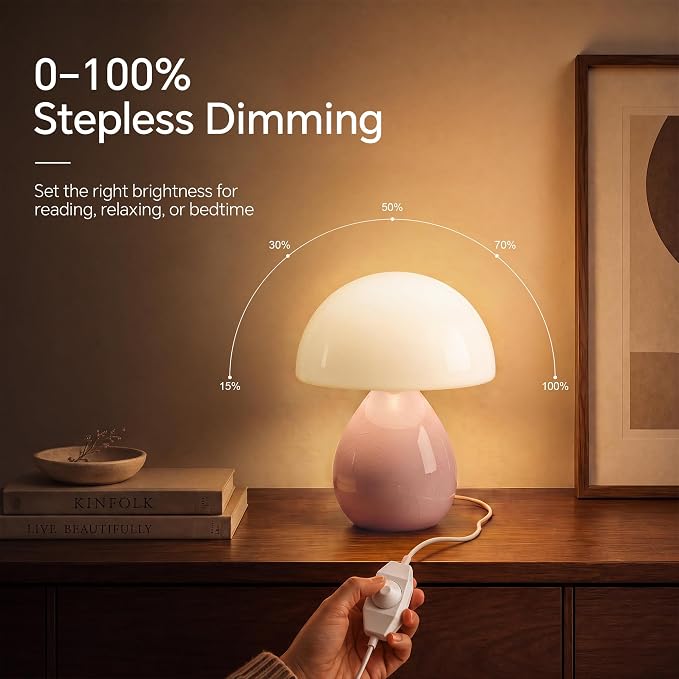 Mushroom Lamp Table Lamp for Bedroom-Small Desk Table Lamps,Pink | Ice Crackle 10.08" Mid Century Modern Table Lamps for Living Room Bedroom Decor,Ceramic Lamps for Home Room Decor,Glass Shade