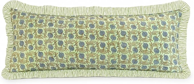Ridhi Block Print Apple Green Ruffle Lumbar Pillow Shams, 36" x 14" Set-1 | 100% cotton, Floral Pillowcase, Cushion Cover, Hidden Zipper, Cottagecore Bedding, farmhouse boho style, fits couch, sofa,Bed