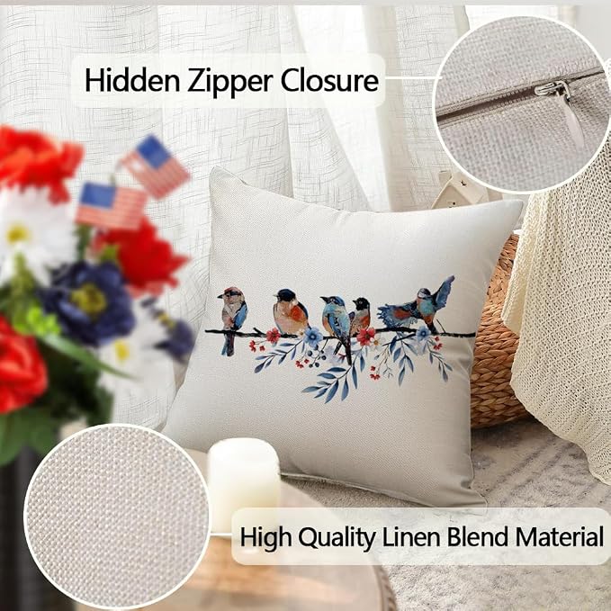 RABUSOFA 4th of July Memorial Day Patriotic Throw Pillow Cover,18x18 Inch Red White and Blue Birds Flowers Independence Day American Fourth of July Decoration for Sofa Couch