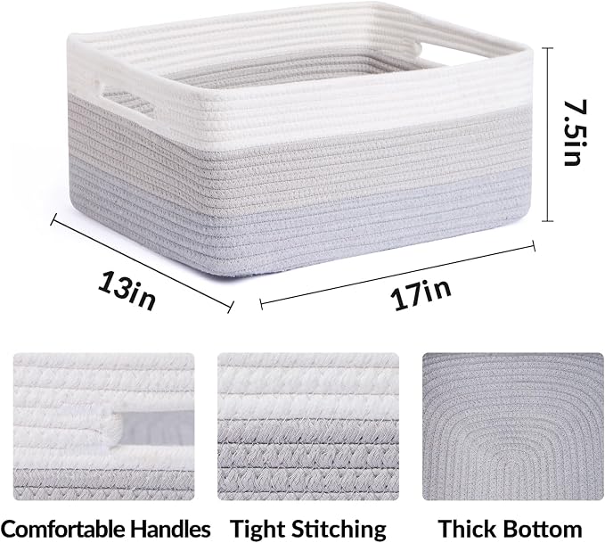 MiniArk Large Storage Baskets for Shelves, 17 x 13 x 7.5” Closet Organizers Bins for Clothes Blanket Towels, Baby Nursery, Toy Baskets Box, Woven Rope Baskets, 3 Packs Gradient Grey