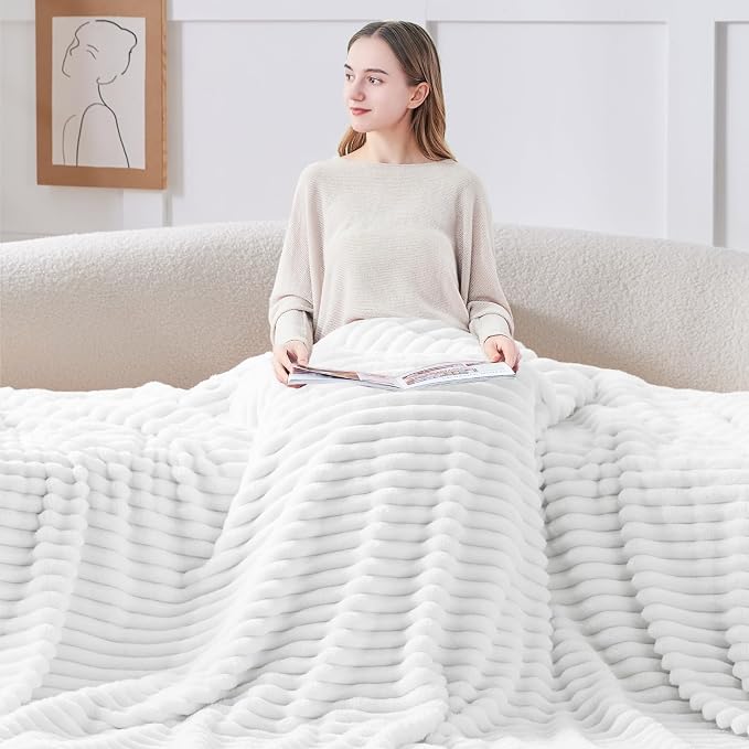 BEDELITE Striped Fleece Throw Blanket, Bright White, 50"x60" | 300GSM Microfiber Fleece, Soft Cozy, Lightweight Warm, Double-Sided Plush, Machine Washable, Gift, Room Decor, for Couch Sofa