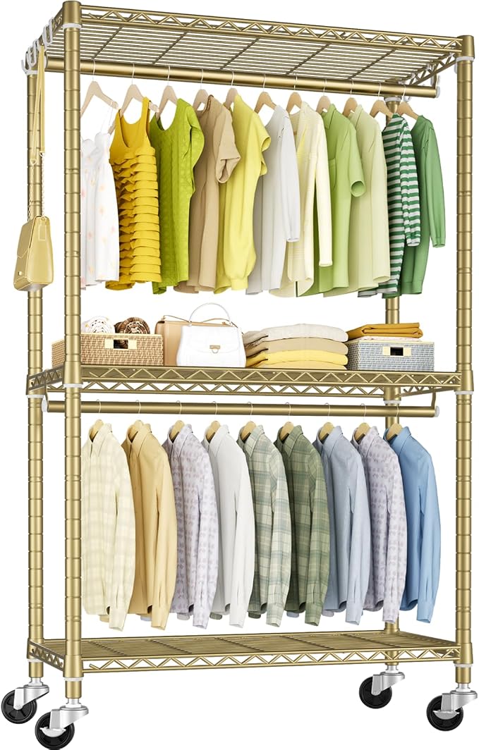 FUTASSI Rolling Clothes Rack, Clothing Racks for Hanging Clothes, Gold | P3 Heavy Duty Garment Rack with Wheels, Freestanding Portable Closet Racks 39.4'' W x 14'' D x 78.5'' H, Max Load 470 LBS