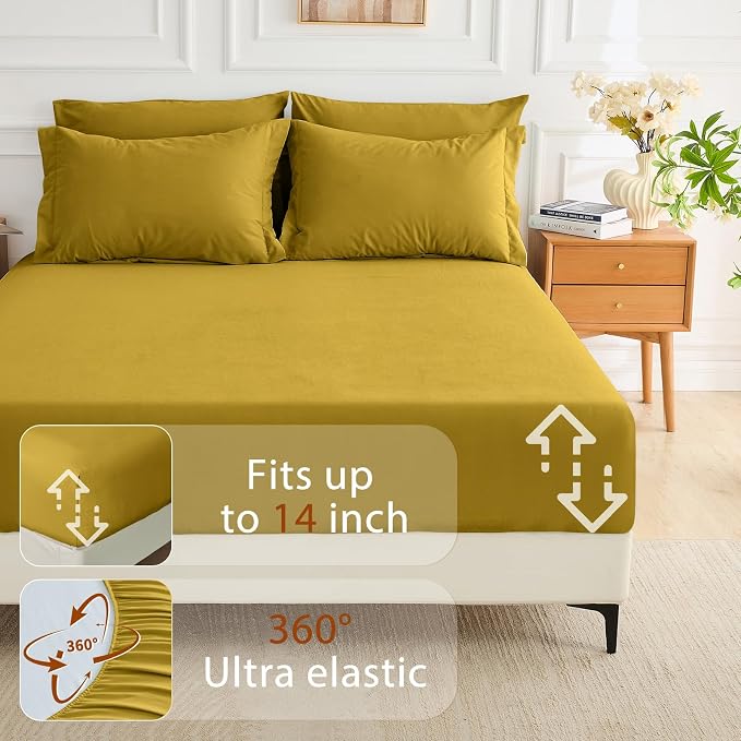 7 Pieces Queen Comforter Set, Soft Bed in a Bag Queen Size, All Season Bedding Set with Comforter, Flat Sheet, Fitted Sheet, Pillowcases & Shams, Mustard Yellow