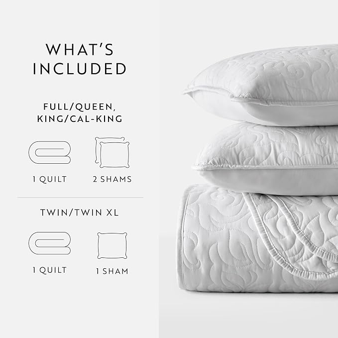 Merit Linens Modern Quilt Coverlet Soft Set in Floral Stitching - King/Cal-King Light Gray