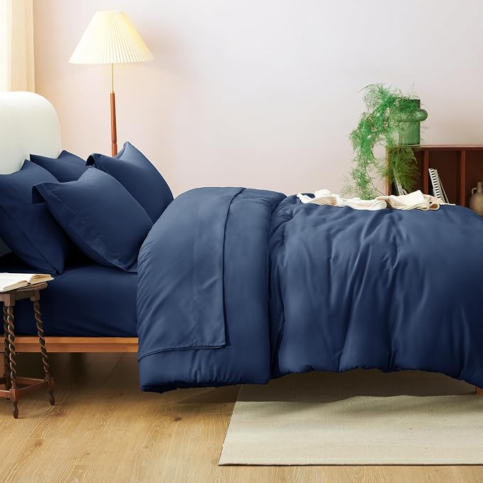 Oversized King Comforter Set Navy, 7 Pieces Bed in a Bag | OEKO-TEX Certified, All-Season, Bedroom, 240GSM Down Alternative Comforter, Flat & Fitted Sheets, 2 Pillowcases & 2 Shams