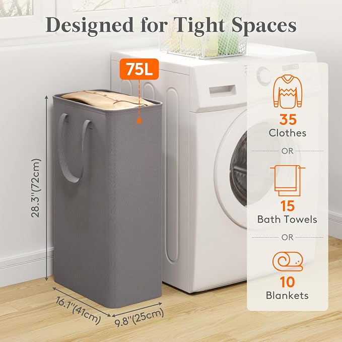 Lifewit Slim Collapsible Laundry Basket with Handles, 75L, Grey | Narrow Laundry Hamper for Dirty Clothes, Tall Thin Laundry Bin, Small Clothes Hamper for Bathroom, Bedroom, RV, Dorm