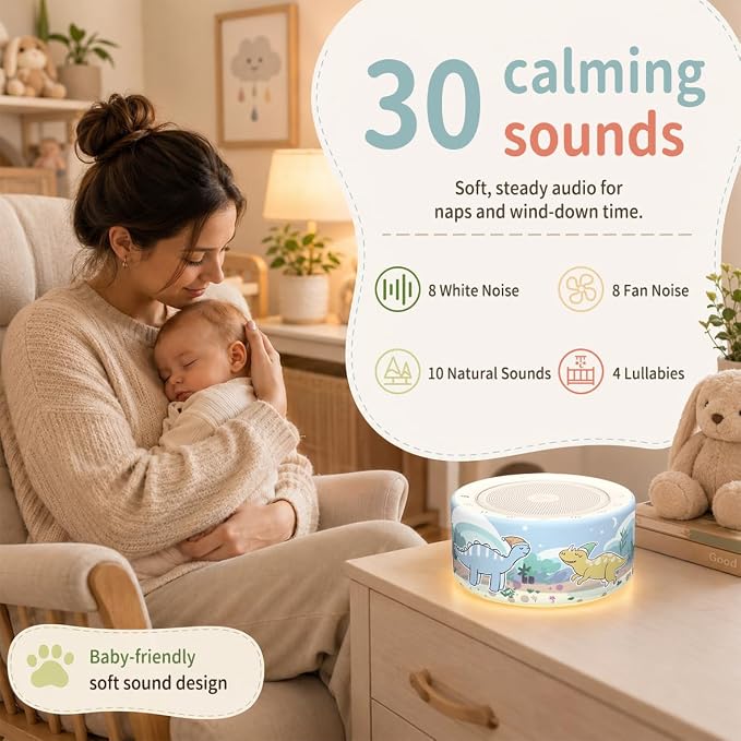 Kipcush White Noise Machine for Baby & Adults, Sleep Sound Machine with 30 Soothing Sounds, 8-Color Night Light, Memory Function, White Noise for Sleeping, Nursery, Office, Travel, Relaxation