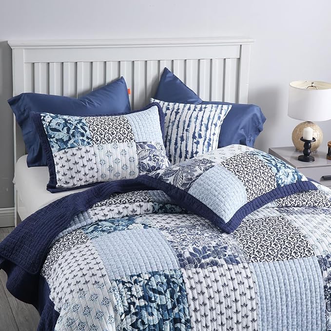ENASAL Cotton Bedspread Quilt Sets Reversible Bedding Coverlet Sets Luxury Floral White Blue Real Patchwork Bedspread, King Size