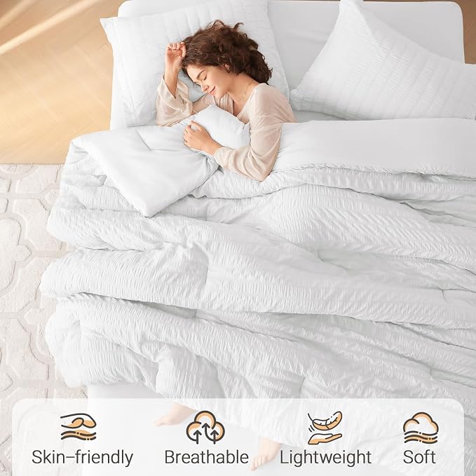 5 Pieces Twin Comforter Set, Seersucker Bed in a Bag Twin Size, All Season Luxury Bedding Set with Comforter, Flat Sheet, Fitted Sheet, Pillowcase & Sham, White