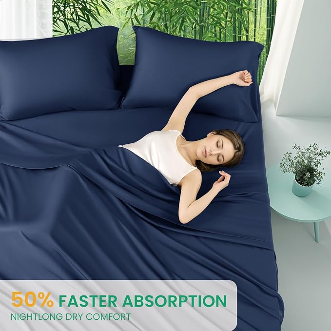 SONORO KATE 100% Viscose Derived from Bamboo_Sheets King Size,4PC | Cooling Bed Sheets for Hot Sleepers,Soft Breathable & Silky,16" Deep Pocket,Luxury Hotel Bedding,Navy Blue