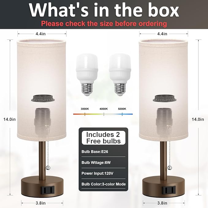 Brown Bedside Table Lamps Set of 2 - Bedroom Lamp for Desk, AC Outlet | 3CCT(3000K/4000K/5000K), LED Bulbs Included, Beige Fabric Lampshade, 14in Small Lamp for Nightstand, Guest Room, Living Room