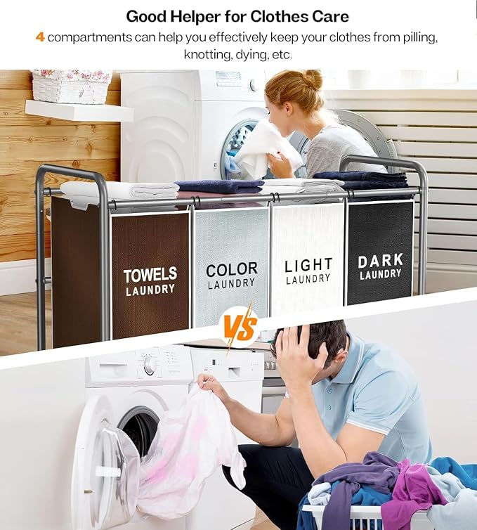 ROMOON Laundry Hamper Sorter Cart, 4-Section Organizer with Lockable Wheels | Heavy-Duty 180L Rolling Laundry Basket with Removable Bags for Dirty Clothes in Laundry Room or Small Spaces, Multicolor