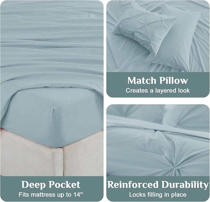 JOLLYVOGUE Full Size Comforter Sets 7 Pieces - Bed in a Bag Full for All Season, Pintuck Bedding Comforter Sets with Comforter, Flat Sheet, Fitted Sheet and Pillowcases & Shams, Greyish Blue
