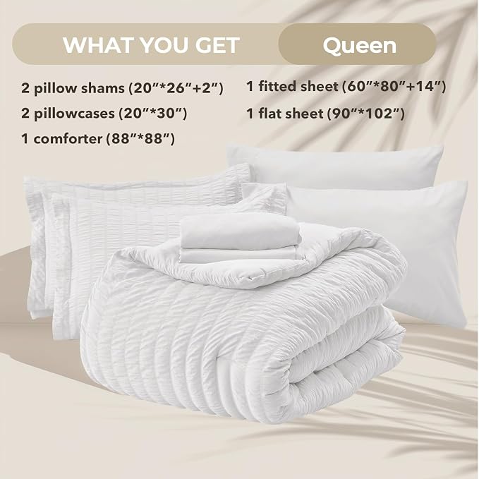 HYMOKEGE White Queen Comforter Set Seersucker 7 Pieces, All Season Luxury Bed in a Bag for Bedroom, Bedding Set with Comforters, Sheets, Pillowcases & Shams