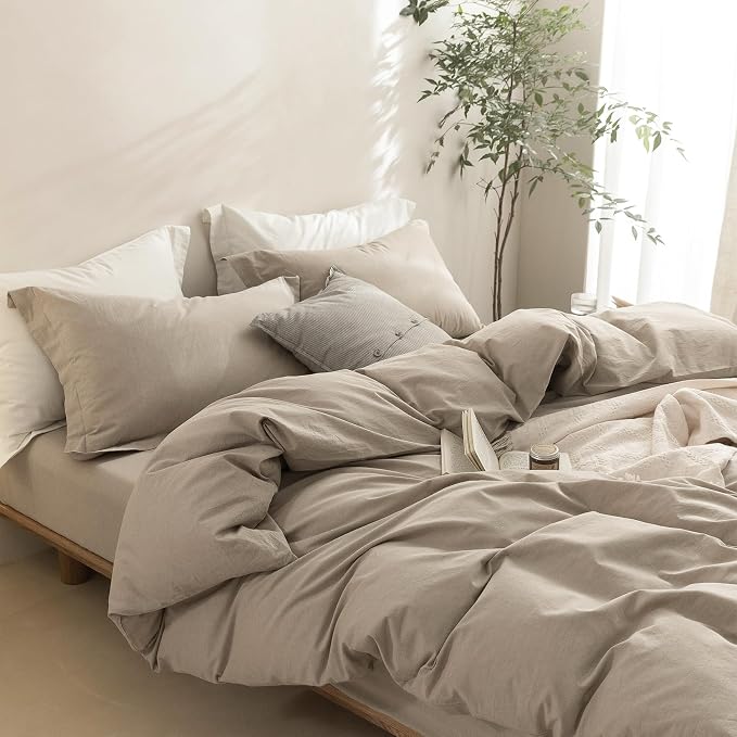 BDEAR 3Pcs Linen Grey Duvet Cover California King Size 104" W x 98" L | 100% Washed Cotton, 1 Duvet Cover with 2 Pillowcases, Zipper Closure, OEKO TEX Standard,8 Corner Ties,Linen-Liked Texture